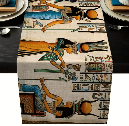 Ancient Egyptian Linen Table Runner – Ethnic Mural Boho Farmhouse Dining Decor