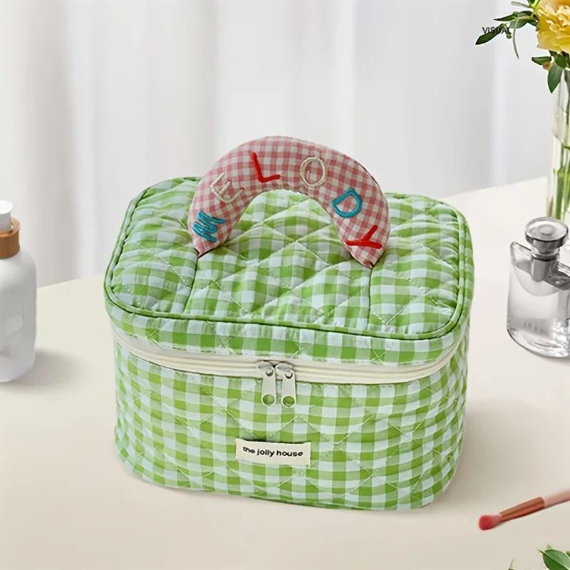 Cute Check Pattern Makeup Bucket Bag for Ladies Travel and Storage