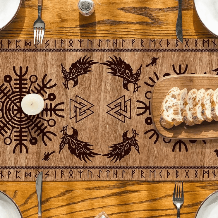 Vintage Viking Raven Table Runner – Norse Linen Dining Decor with Helm of Awe Design