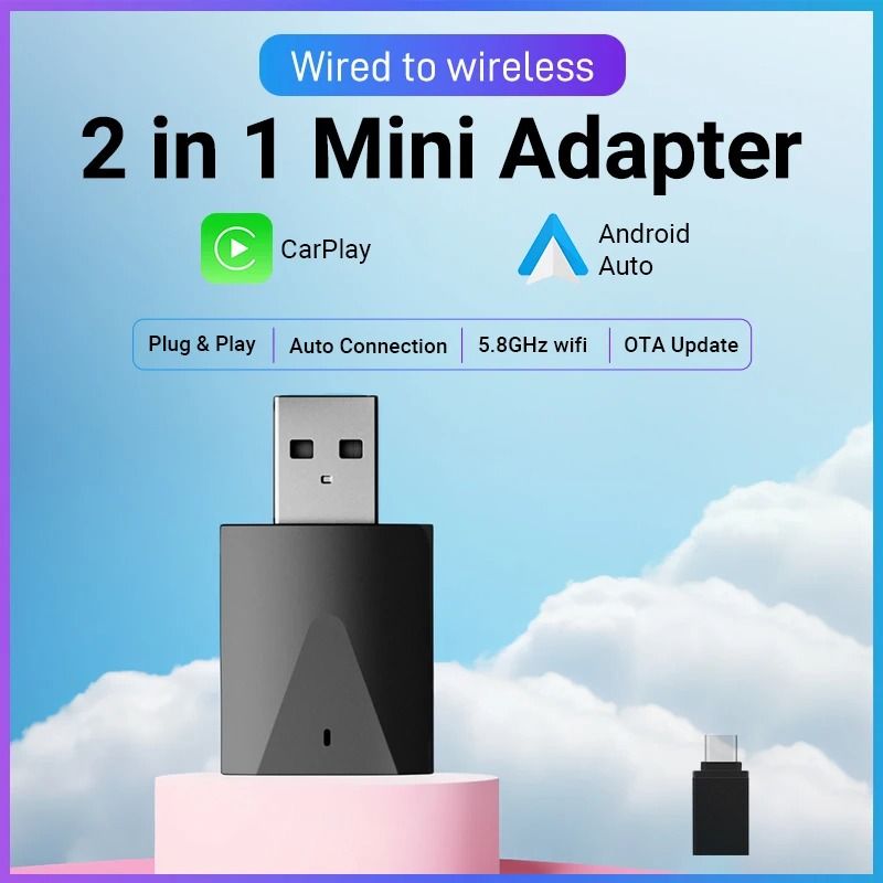 Wired to Wireless CarPlay and Android Auto 2-in-1 Mini Adapter Dongle Universal Bluetooth WiFi Plug and Play