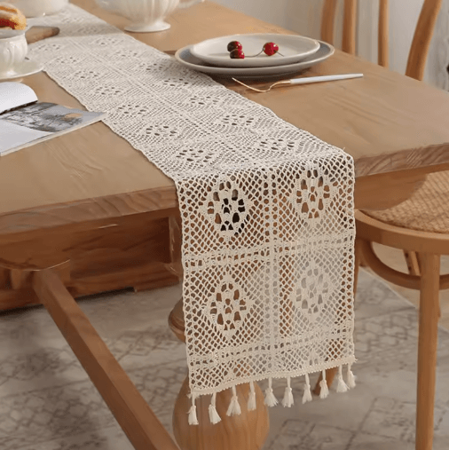 Vintage Crochet Lace Table Runner Beige Tassel Cotton Blend for Elegant Table Decor