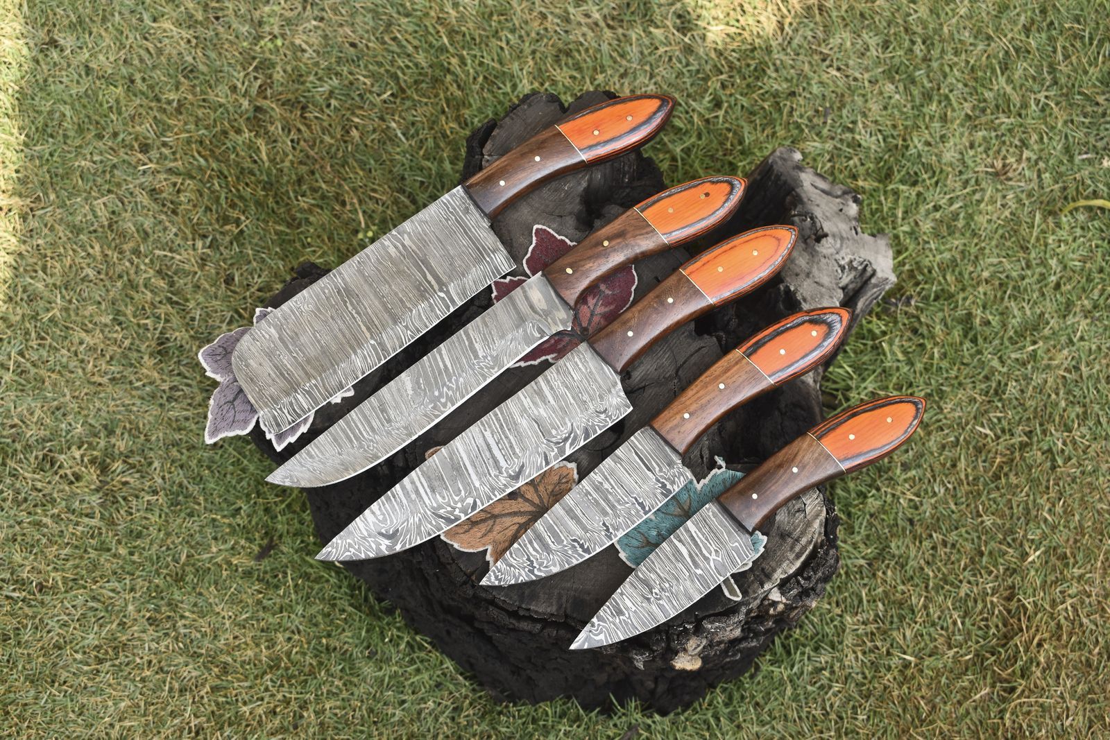 Custom Handmade Twist Damascus Steel Chef Knives | 5-Piece Full Tang Set