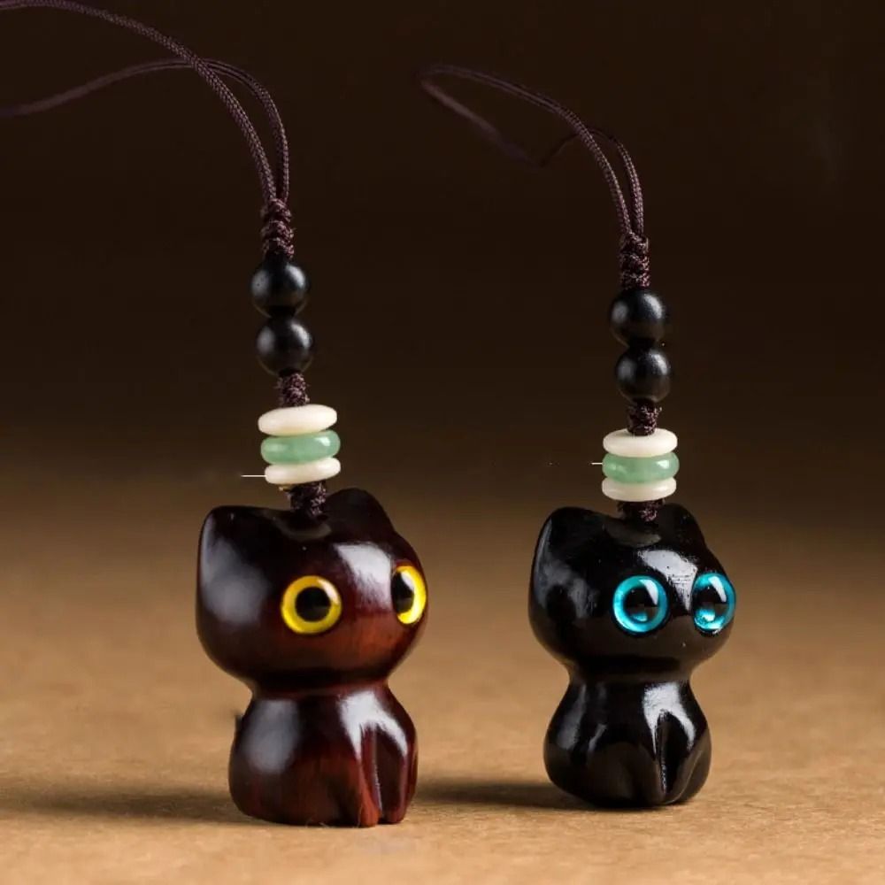Creative Cute Cat Shape Lucky Blessing Charm Sandalwood Keychain Pendant