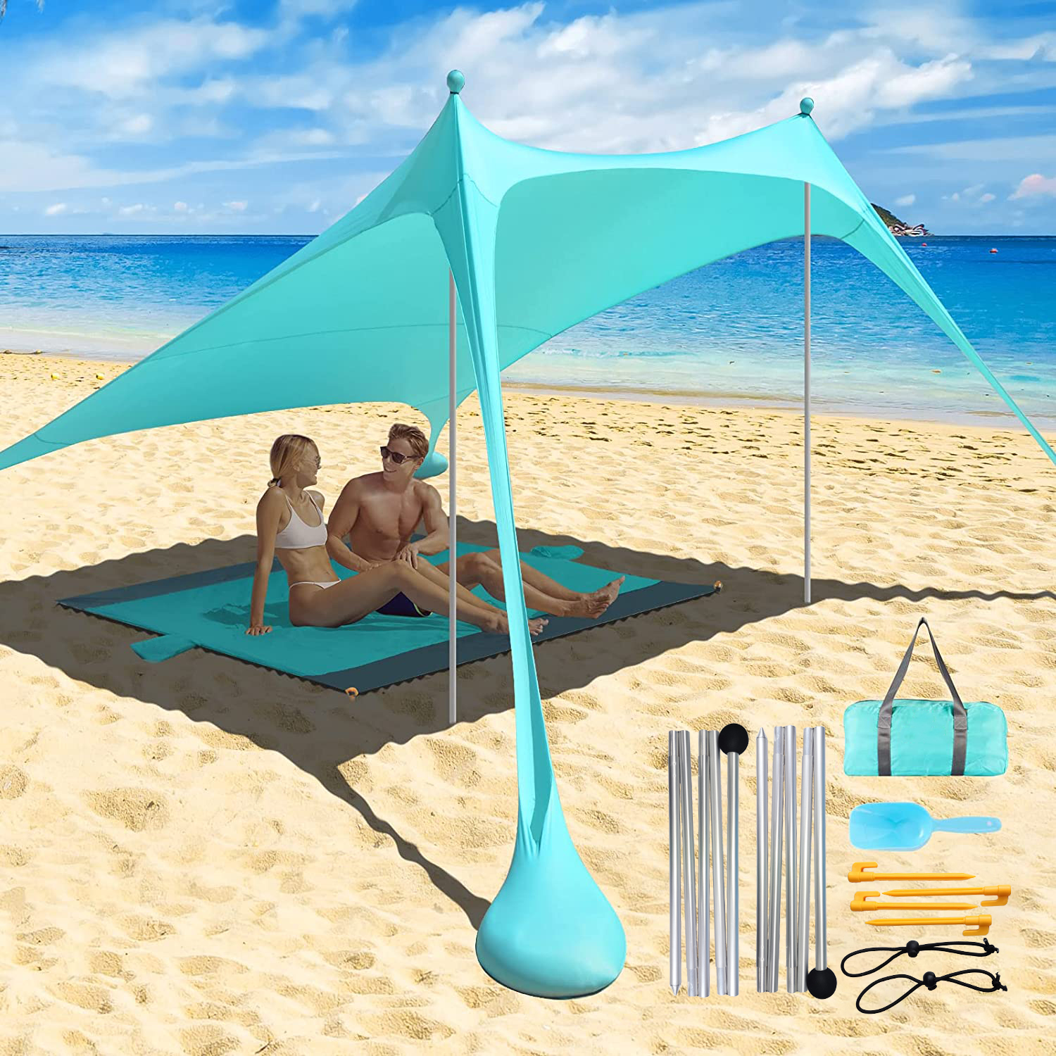 Family Beach Sun Shade Tent with Sandbags Portable Beach Awning