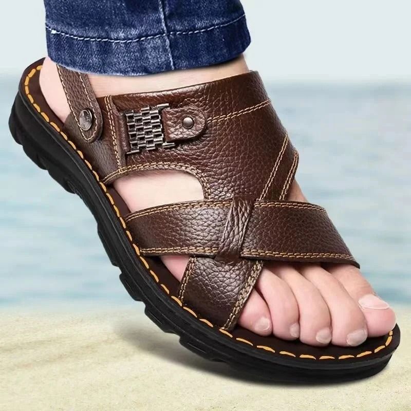 Men Genuine Leather Sandals with Non Slip Sole and Thick Cushioning for Summer Comfort