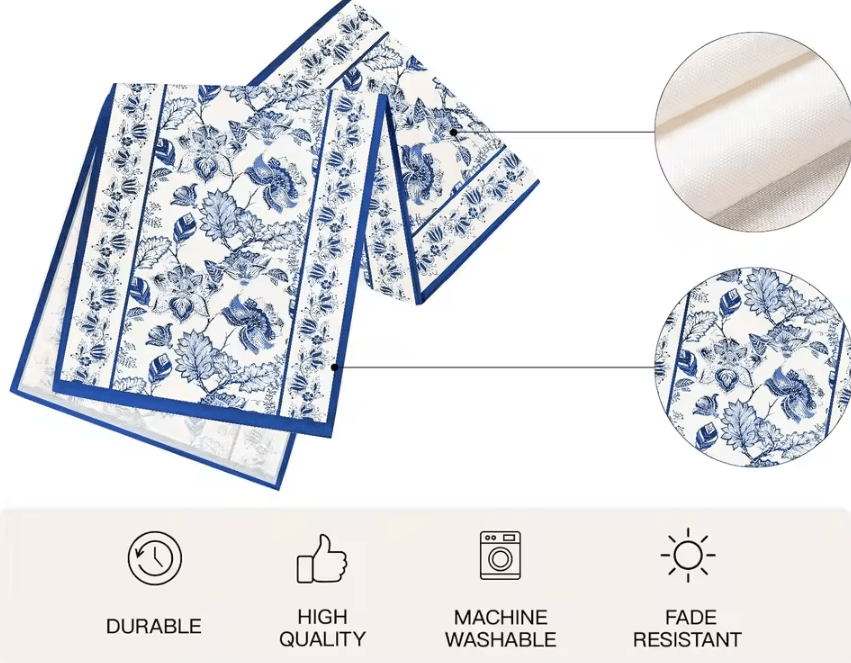 Summer Blue Floral Linen Table Runner – Farmhouse Dining & Wedding Table Decor