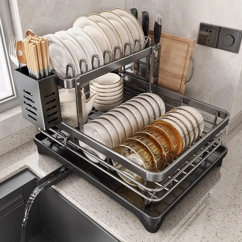 Over Sink Plate Organizer, Stainless Steel Dish Drying Rack with Drainboard for Kitchen Storage & Organization
