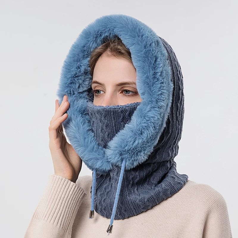 Women Winter Fur Cap Mask Set, Hooded Knitted Cashmere Balaclava Ski Hat with Thick Fluffy Beanies & Neck Warmer H