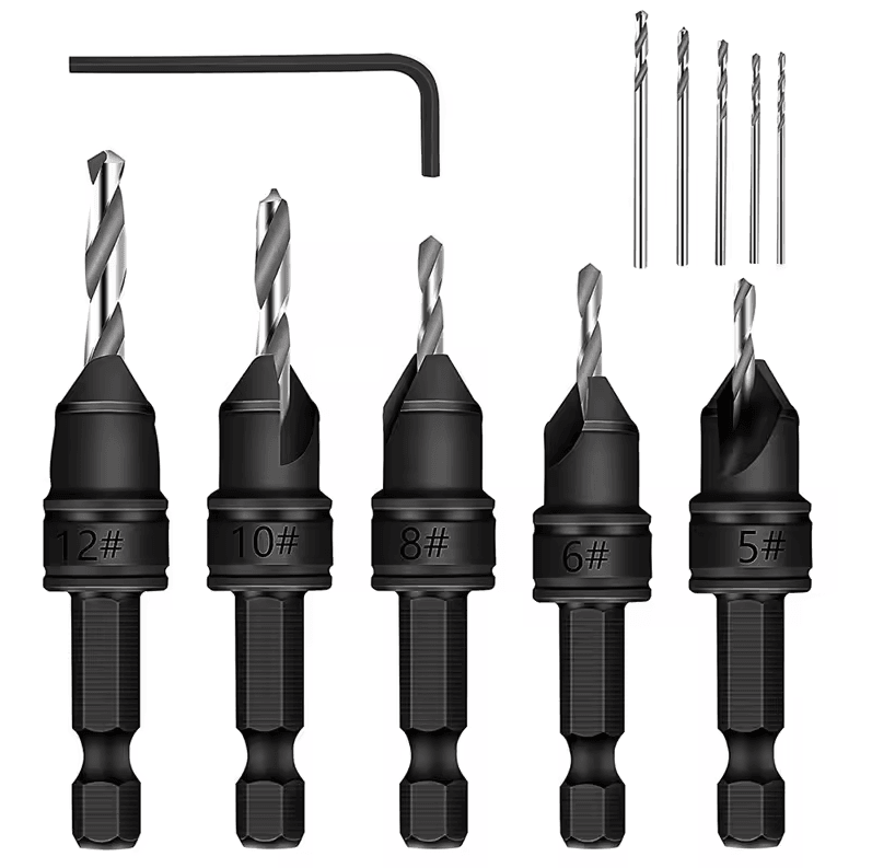 Woodworking Countersink Drill Bit Set – Cone Hole Opener with 5 Replaceable Pilot Drill Bits