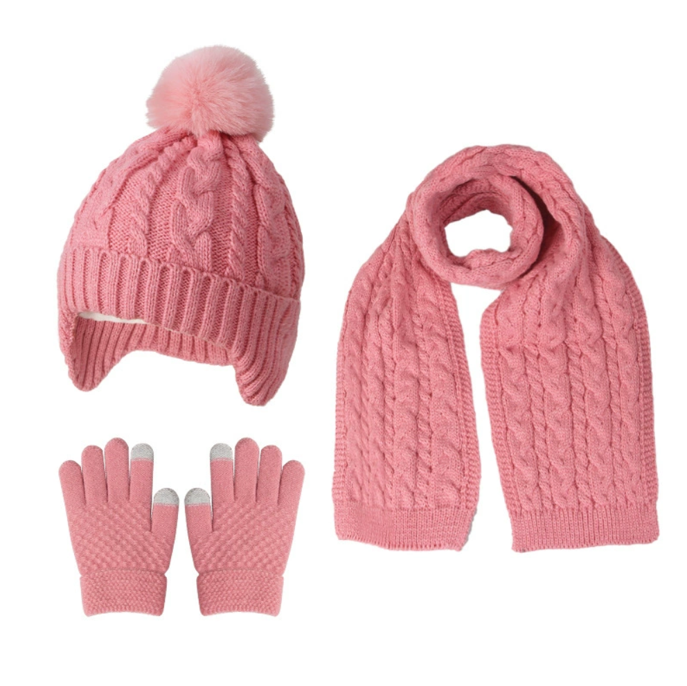 Knitted Thickened Warm Single Set, Girl And Boy Hat Scarf And Glove Set, Stretch Fit Lightweight Winter