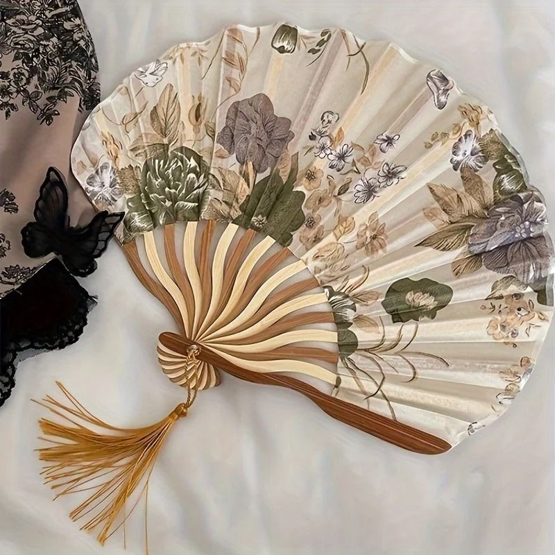 Chinese Classical Ink Folding Hand Fan with Tassel Traditional Decor Prop