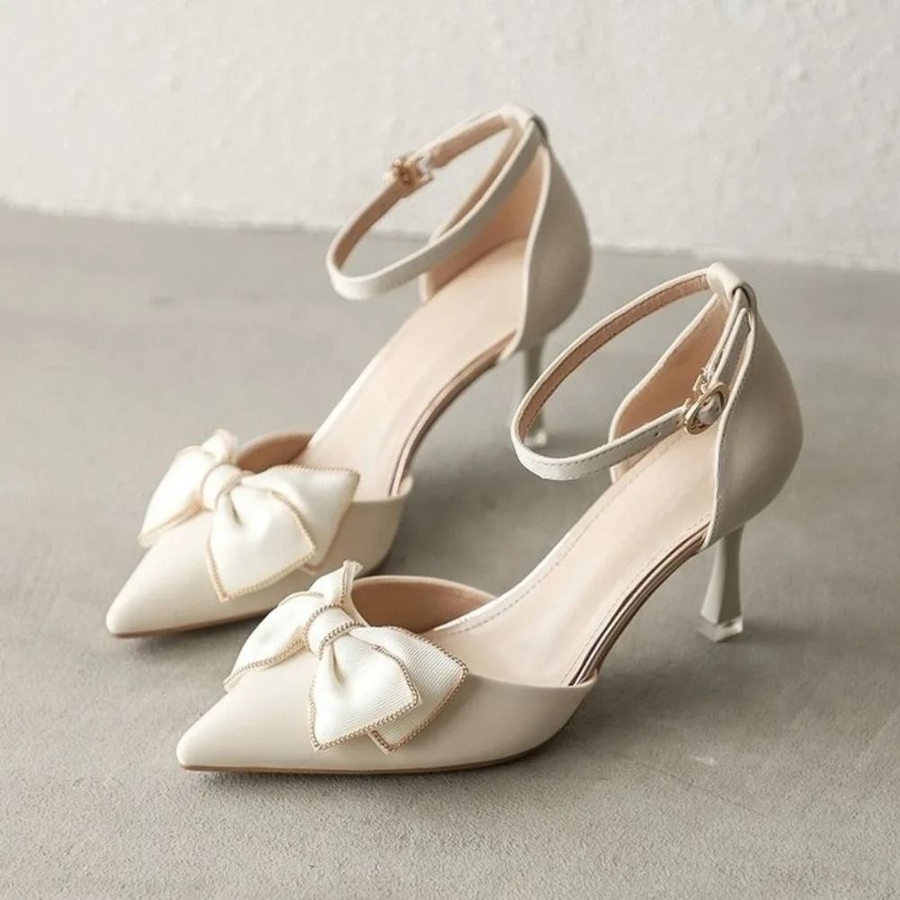 Elegant White Pointed Toe Butterfly Heels Medium Stiletto Wedding Pumps