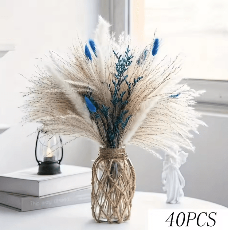 Blue Bunny Tail Pampas Grass Bouquet – 70 Stems Fluffy Dried Flowers for Boho Home Decor