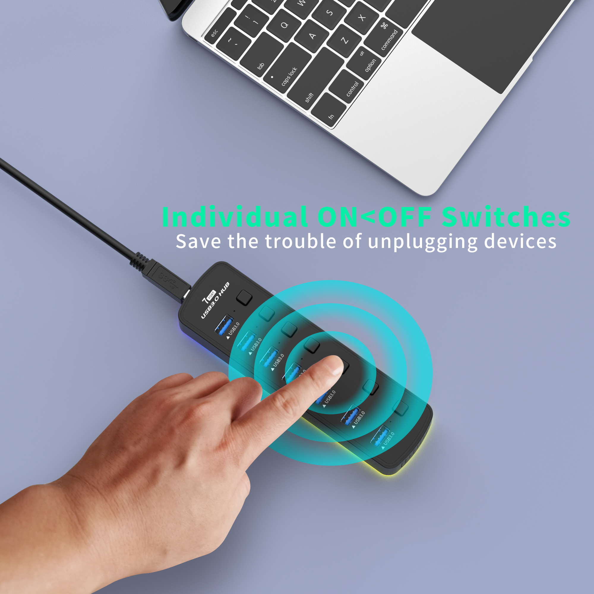 USB Hub with RGB Lights, 5Gbps Speed, Individual On/Off Switch Docking Station