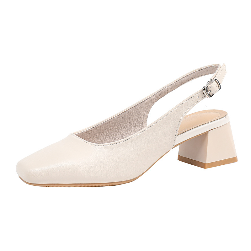 Elegant French Baotou Womens Summer Sandals, New Mid Thick Heel High Heels with Shallow Mouth & Coarse Heel Design
