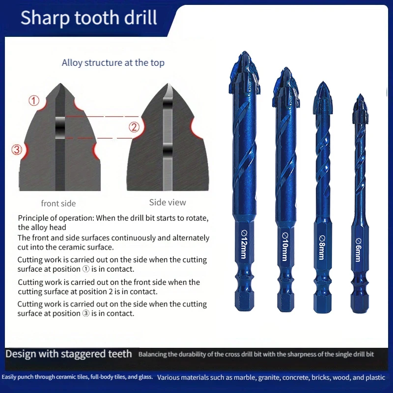 Motorcycle repair tools, Eccentric drill bit dry-mold ceramic, High-end four-blade serrated, Stainless Blue
