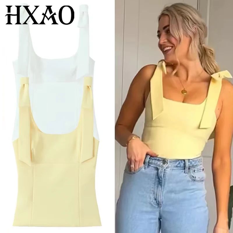 HXAO Butterfly Bow Off-Shoulder Crop Top – Cute Backless Summer Slip Cami
