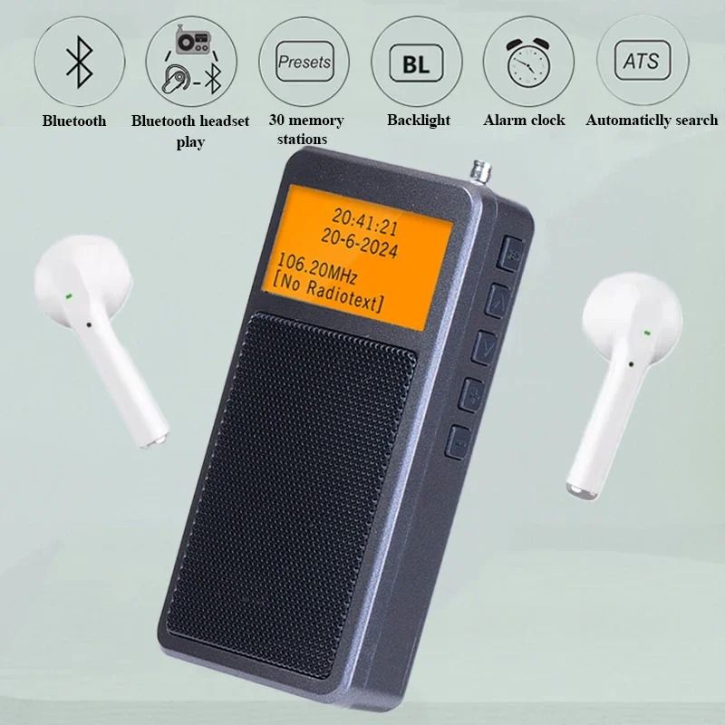 Mini Bluetooth Pocket Radio with Alarm Clock and Backlit Display for FM Stereo and Portable Wireless Audio
