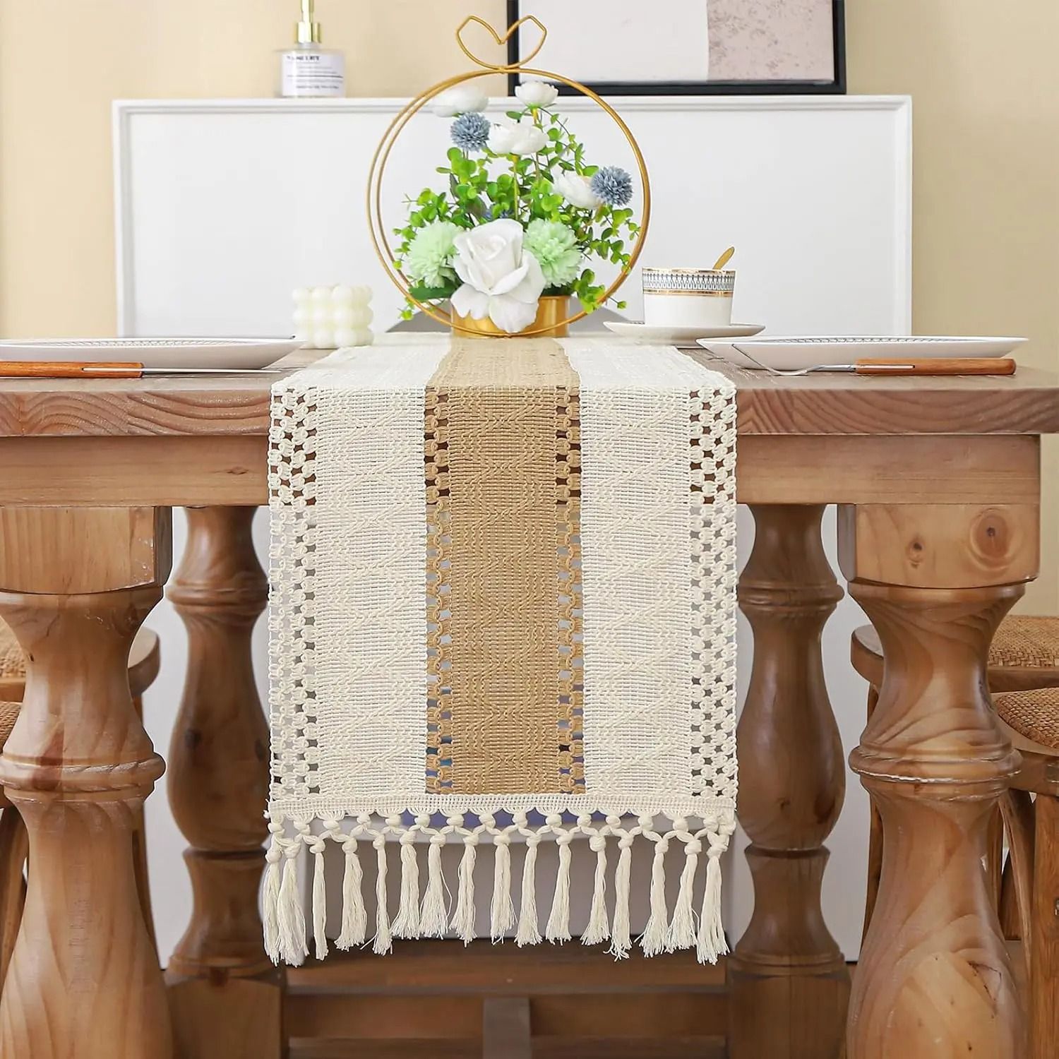 Rustic Boho Farmhouse Linen Table Runner with Tassels
