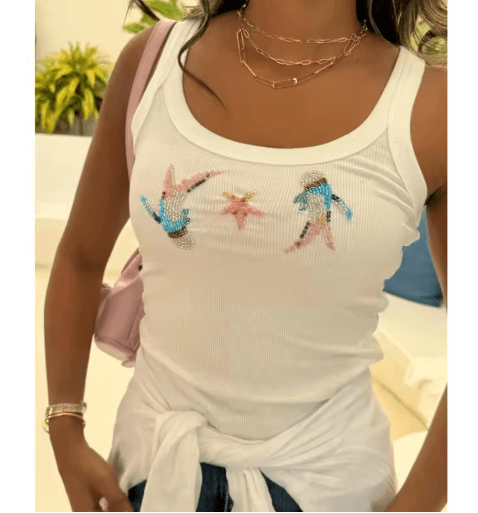 Combhasaki Glitter Pearl Crop Top Sheer Beaded Sleeveless Vest