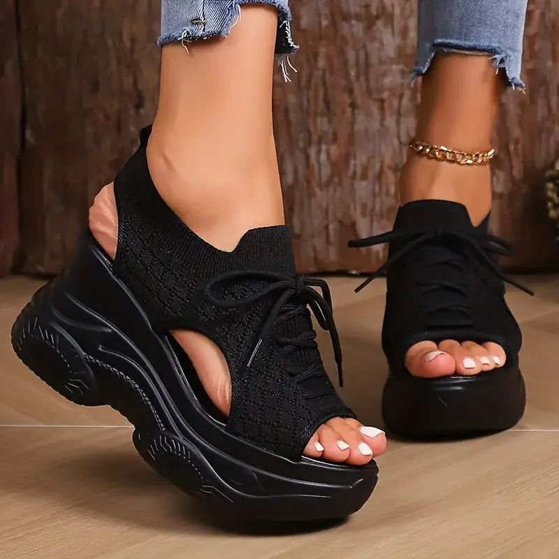 Women Round toe Wedge Lace up Casual Sneakers Breathable Non-slip Thick Sole