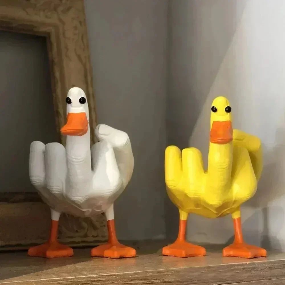 Funny Middle Finger Duck Statue – Cute Resin Duck Figurine Desk Decor with Storage Accent