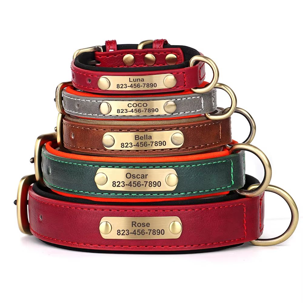 Custom Engraved PU Leather Dog Collar with Personalized ID Nameplate
