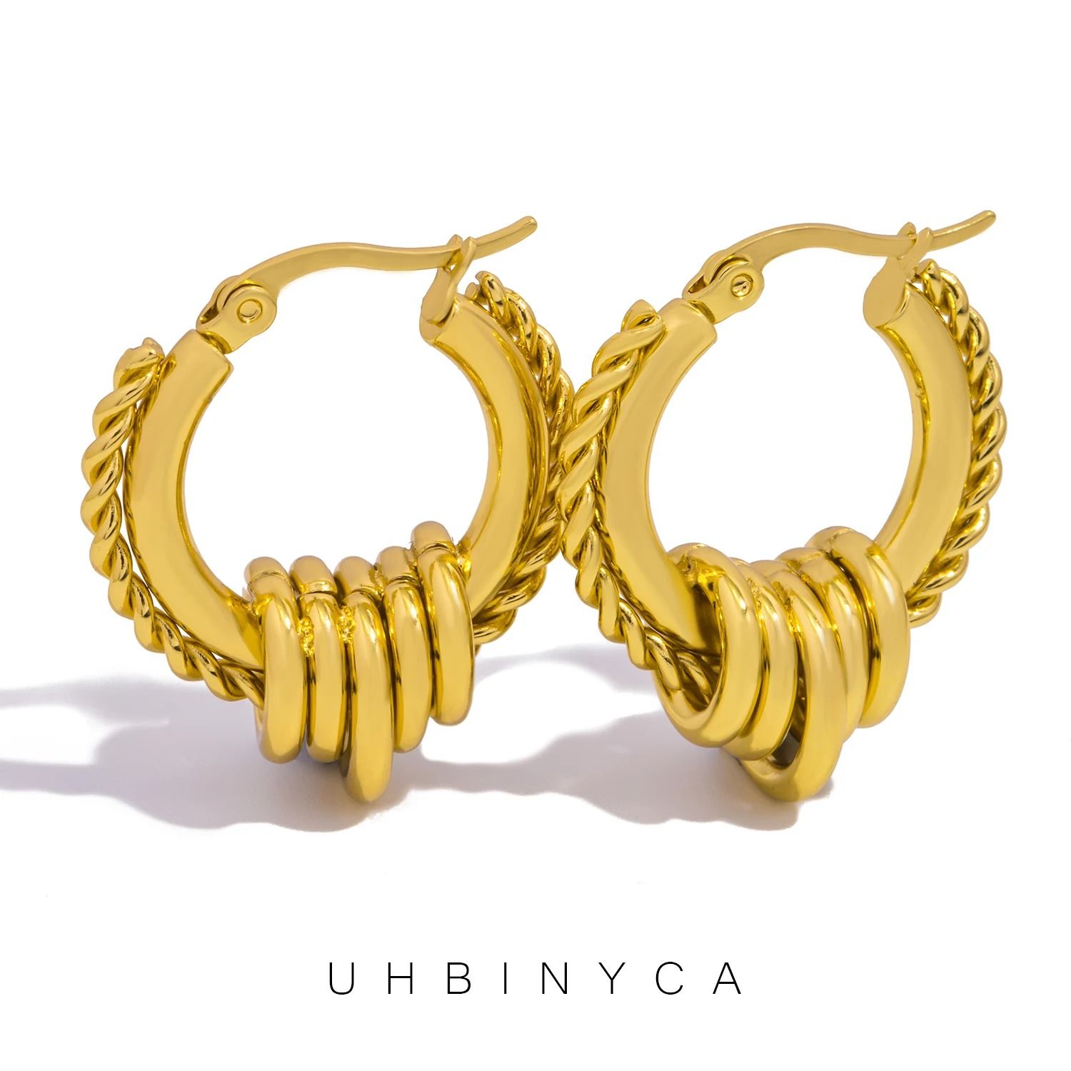Multilayer Circle Twist Earrings Gold Plated Stainless Steel Statement Earrings