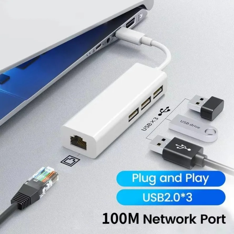 USB HUB Ports, USB-C HUB with Ethernet LAN Adapter, USB to TV Set-Top Box, Computer, Laptop, Network Connection