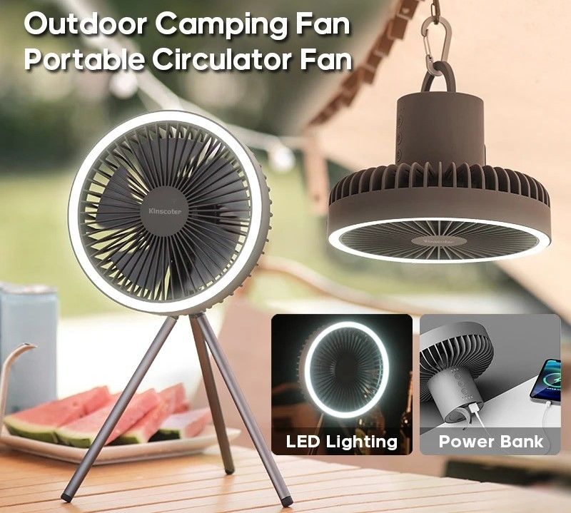 Rechargeable Camping Fan with LED Light and Power Bank Function