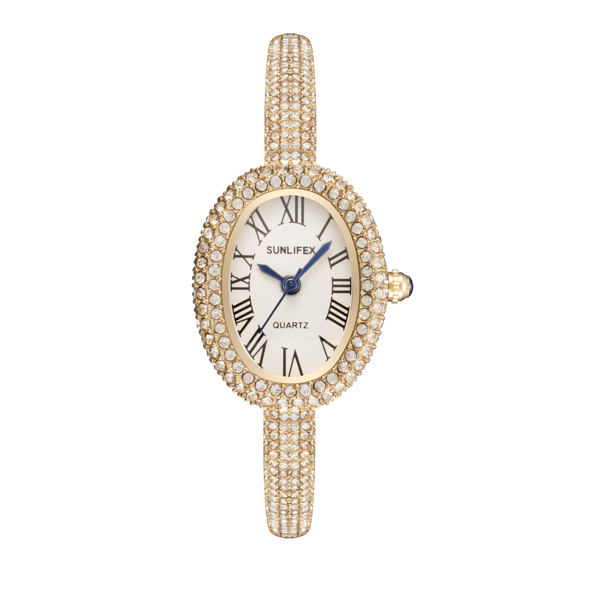 Luxury Women Quartz Watch, New Elegant Bracelet Wrist Watch with Roman Numerals, Rhinestones Inlaid Oval Design