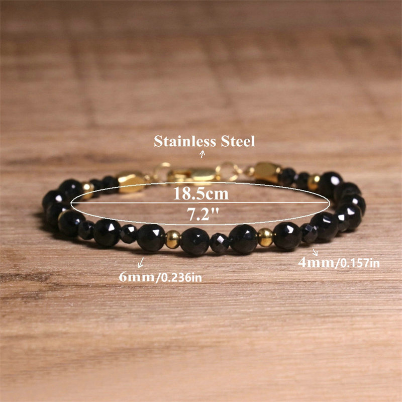 Adjustable Natural Faceted Beaded Bracelet Black Onyx Stainless Steel Chain Jewelry Gift for Yoga and Meditation