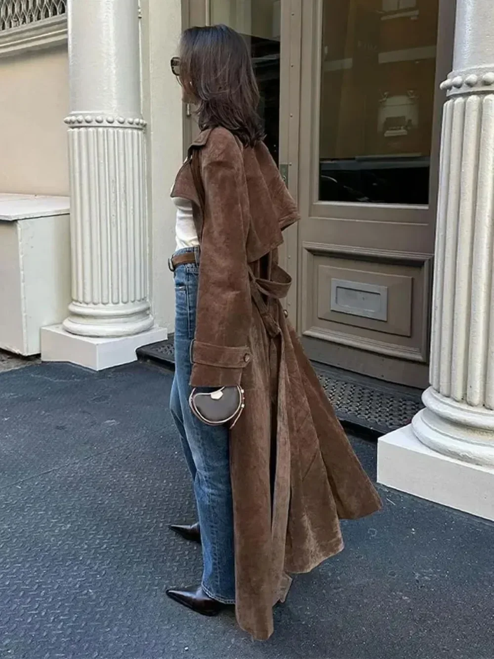 Womens Brown Imitation Deer Fur Coat, Chic Lapel, Double Breasted Long Sleeve Windbreaker, High Street Autumn Outwear