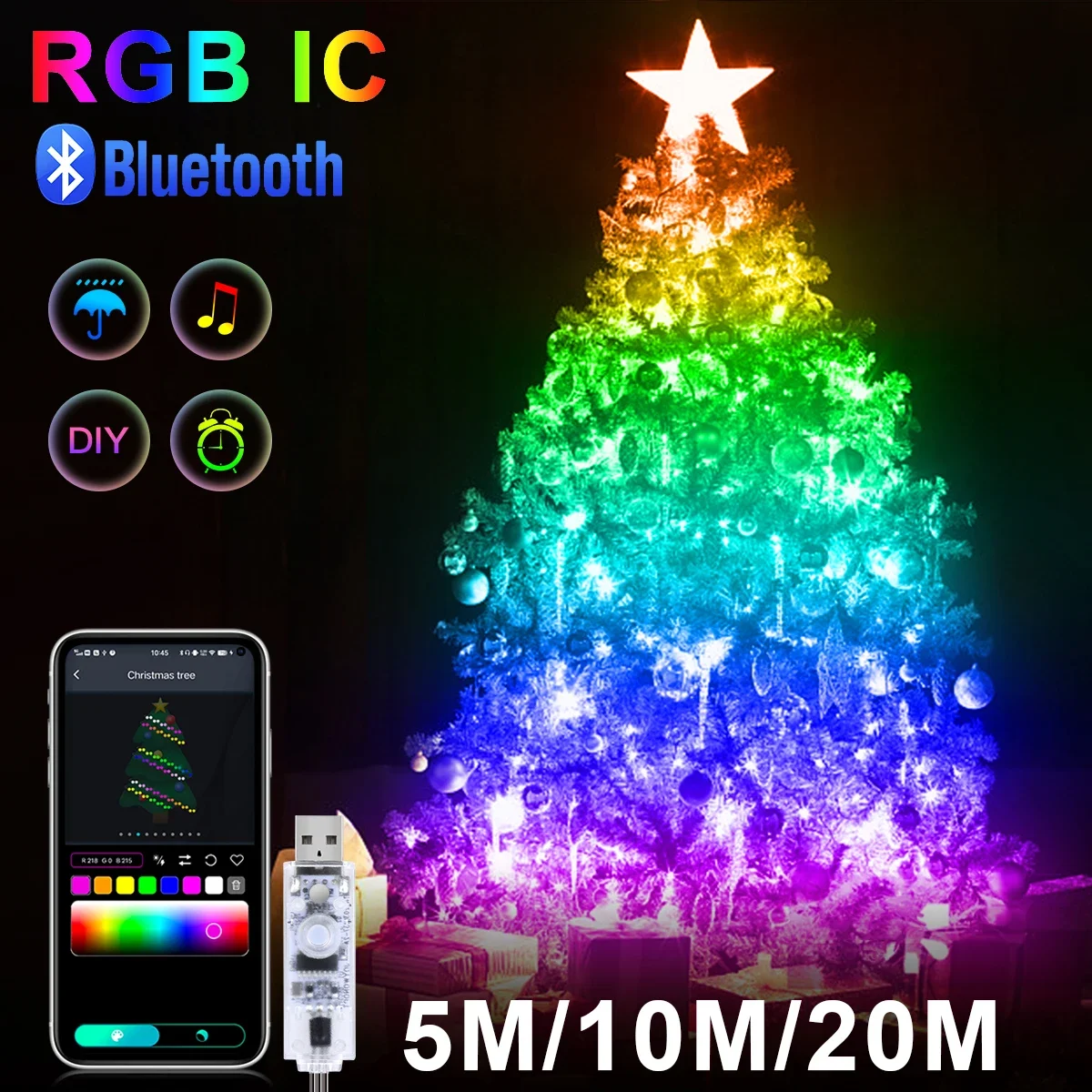 RGBIC USB 5V LED String Lights - Bluetooth Music & App-Controlled, 20M DIY Fairy Lights for Parties & Christmas Decor