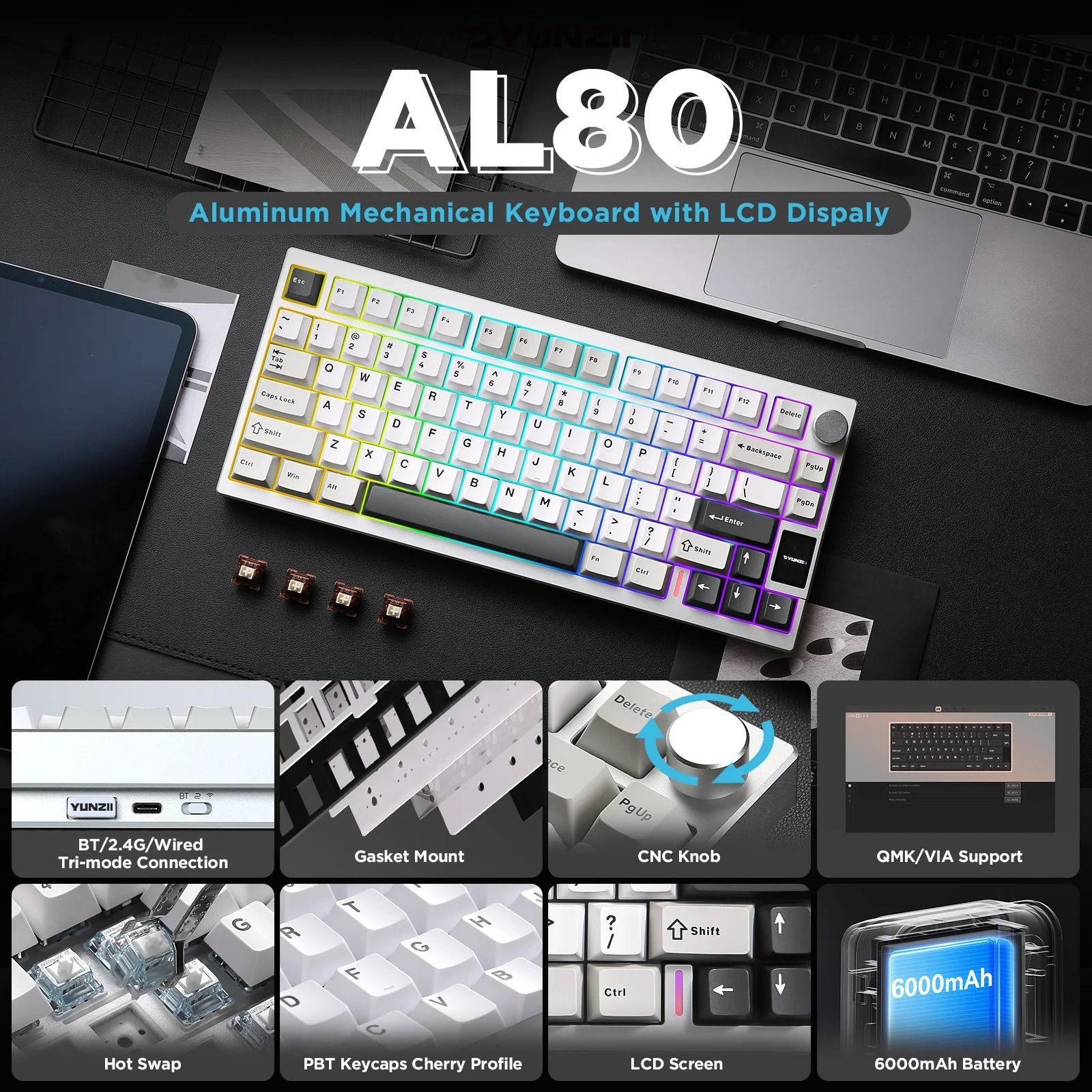 YUNZII AL80 Wireless Mechanical Keyboard Full Aluminum LCD Display