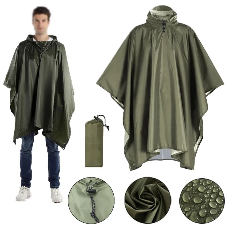 3 in 1 Waterproof Military Rain Poncho with Hood and Sleeves for Outdoor Use