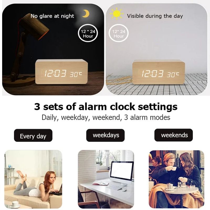 Wood Digital Alarm Clock with LED Temperature Display