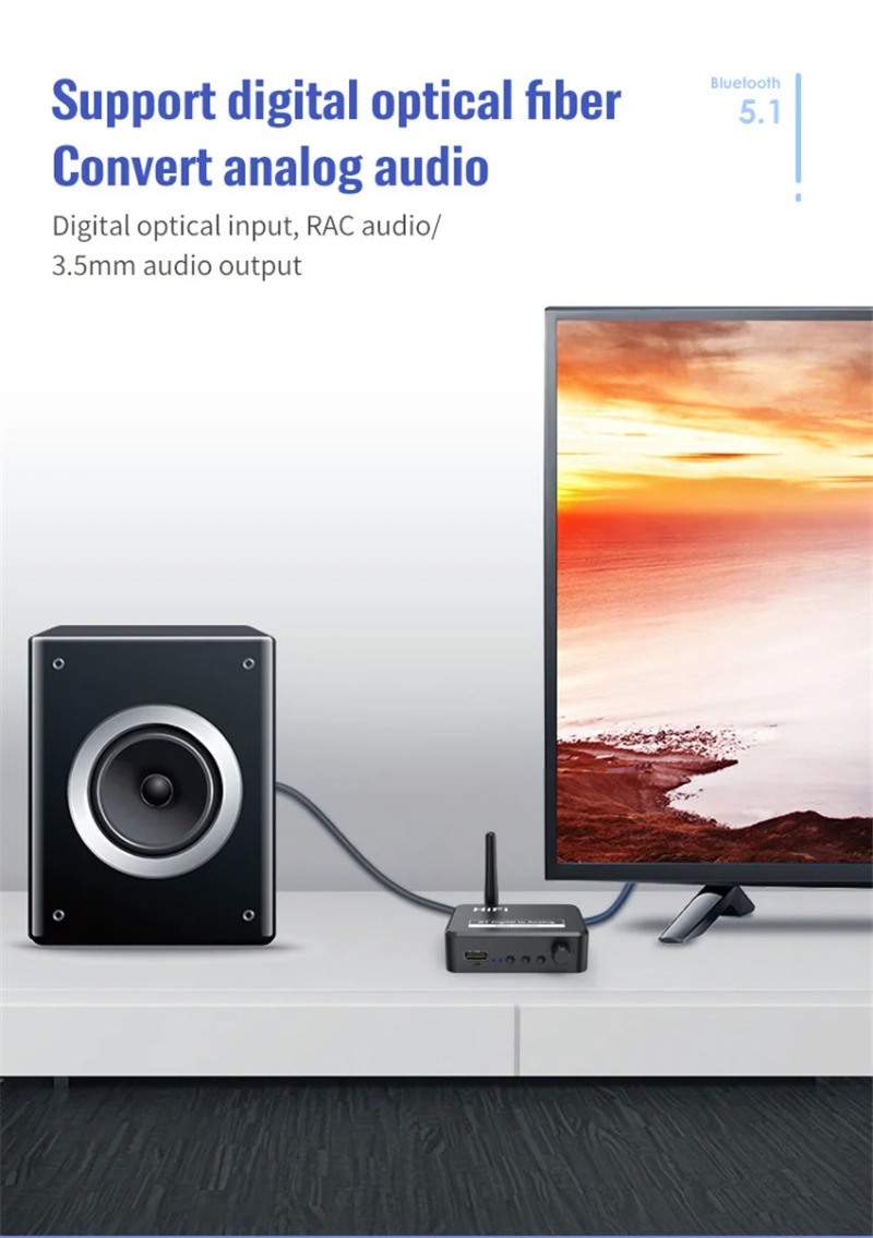 Analog Audio DAC Converter Adapter, Digital SPDIF Optical Toslink to 3.5mm AUX/RCA with Bluetooth 5.0 Receiver