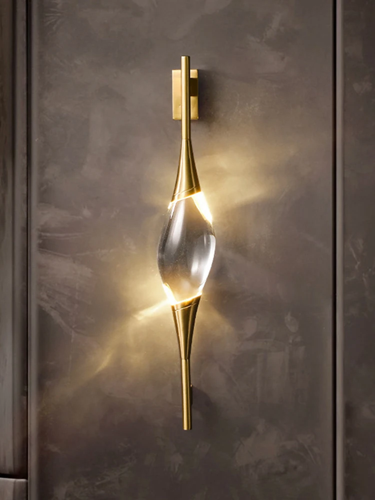 Modern Copper Crystal Wall Lamp, Simple Creative Decoration, Designer Lighting for Living Room Study Bedroom Bedside