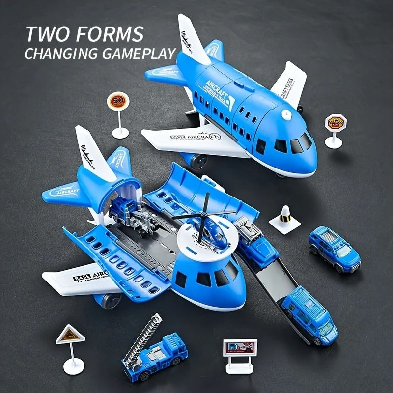 Children's Airplane Transport Toy Set – Inertial Model with Rescue Cars & Helicopter