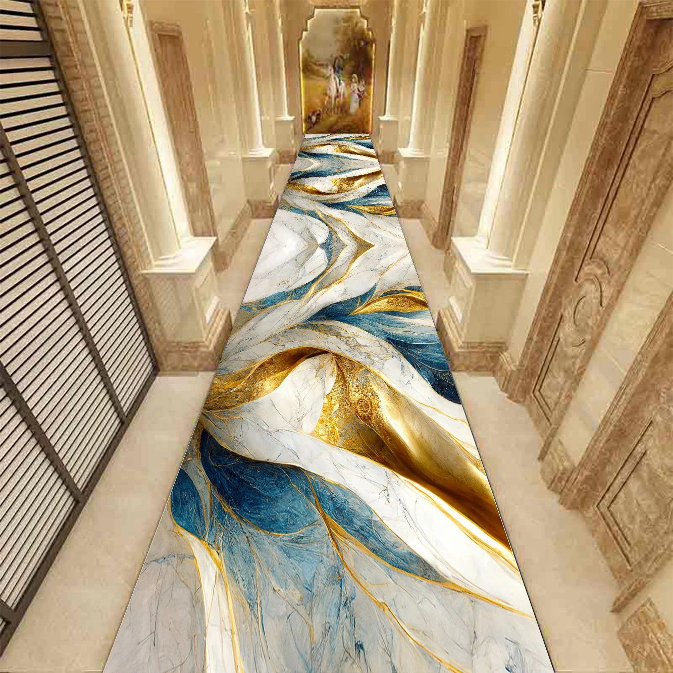 Golden Marble Runner Rug – Luxury Non-Slip Hallway & Stair Carpet