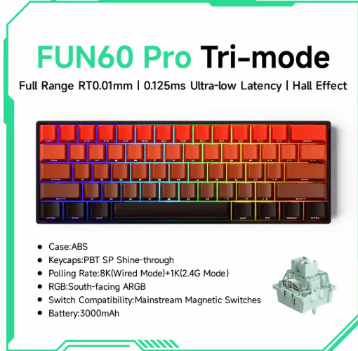 MONSGEEK FUN60 PRO & MAX HE Magnetic Switch 60% Wireless Gaming Keyboard with Rapid Trigger & 8K Polling