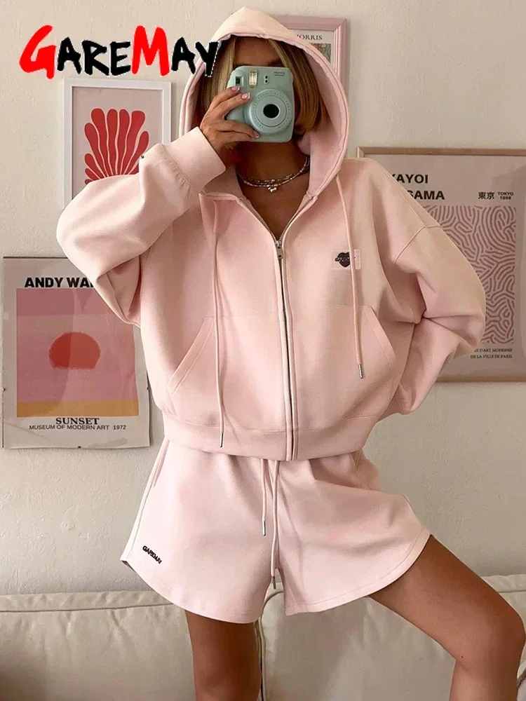 Two-Piece Casual Tracksuit for Women, Oversize Cotton Pink Top and Shorts Set, Spring Women's Summer Suit with Shorts