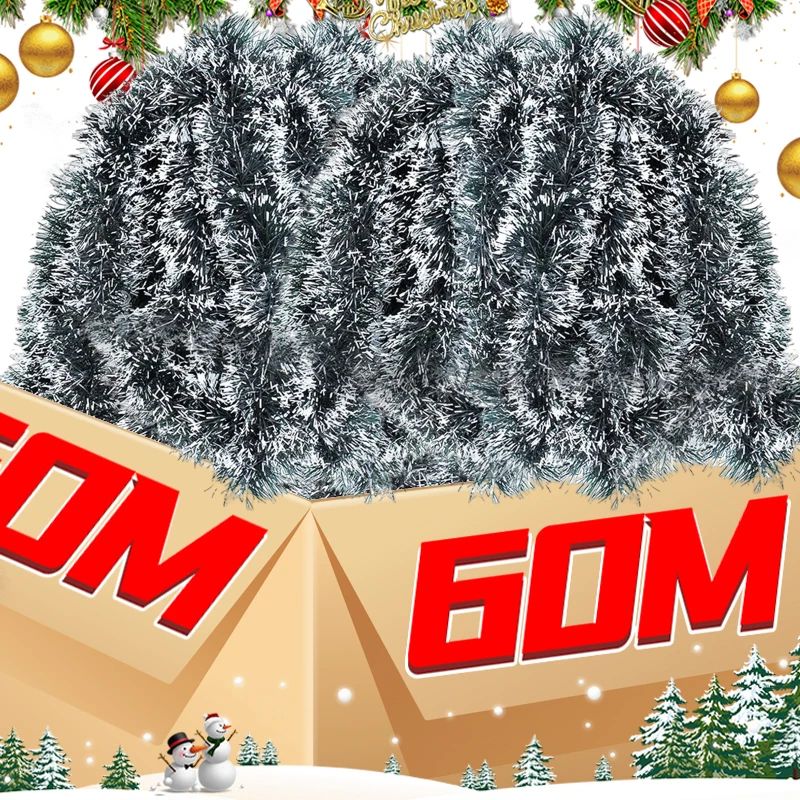 Christmas Tinsel Garland and Green Cane Wreath Holiday Decorations