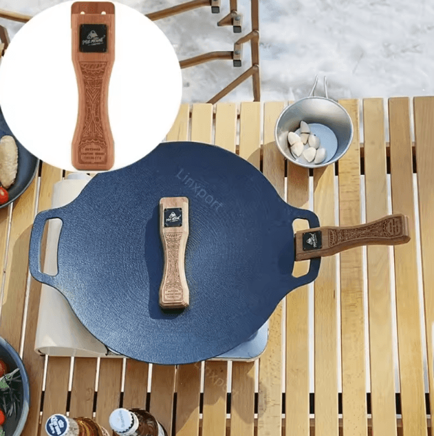 Adjustable Outdoor Grill Pan Handle – Heat-Resistant Solid Wood Grip for Camping & BBQ