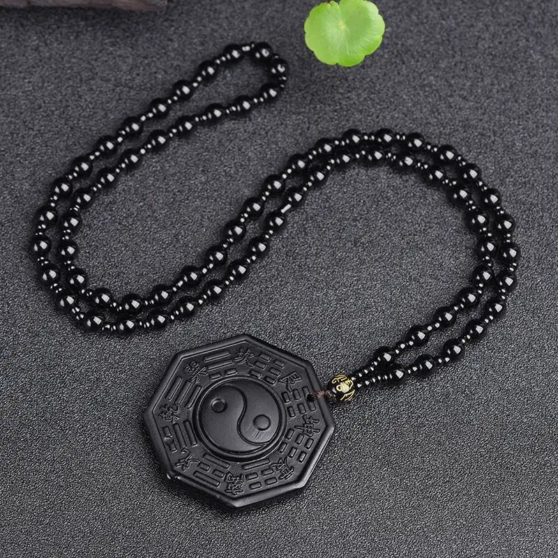Black Obsidian Yin Yang Protection Necklace with Adjustable Bead Chain