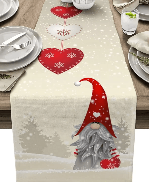 Christmas Gnome Snowflake Linen Table Runner – Festive Farmhouse Holiday Table Decor