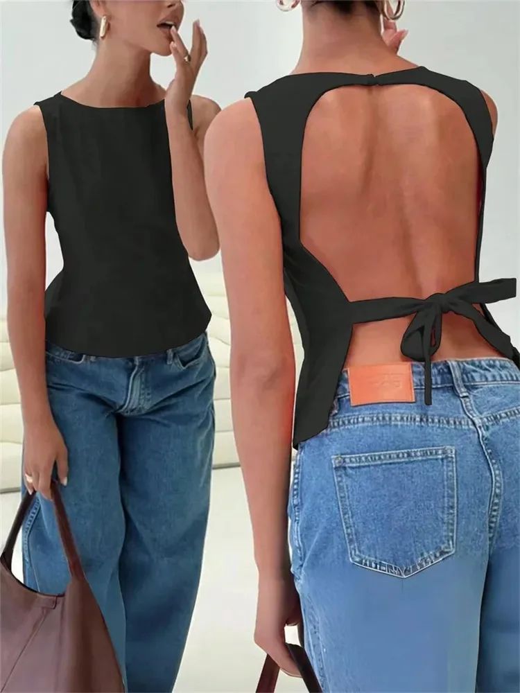Sexy Knot Backless Tank Top – Solid Y2K Summer Club Streetwear for Women 2025
