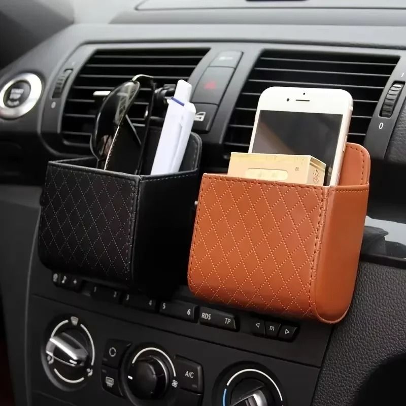 Car Air Vent Phone Holder Hanging Storage Bag PU Leather Glasses and Accessory Organizer