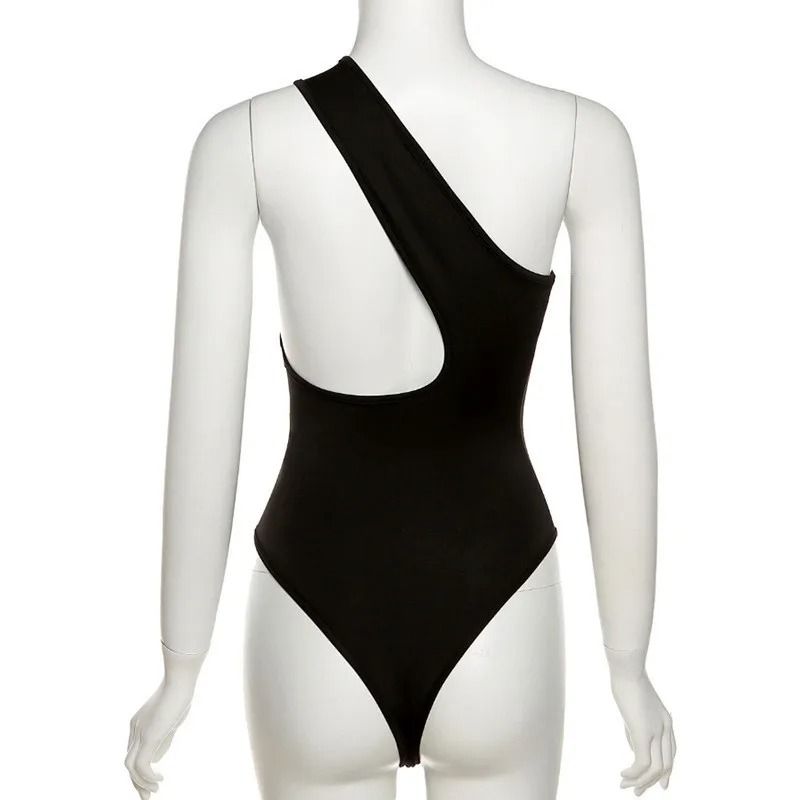 Womens One Shoulder Cut Out Bodysuit Slim Fit Bodycon Black Bodysuit Top